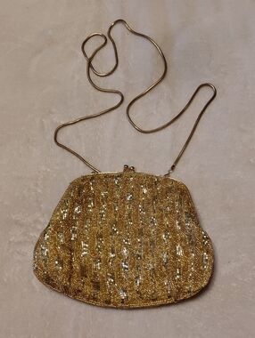 Vintage Gold Beaded Evening Clutch - Elegant Women's Shoulder Bag.